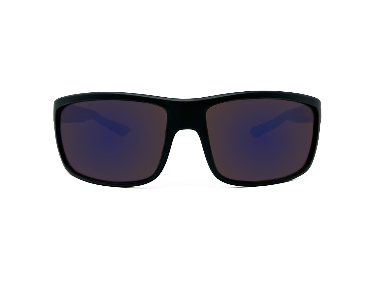 Zeal Optics square, wrap, polarized sunglass. Model: Red Cliff. Color: Black with brown lenses with a blue flash. Front view. 