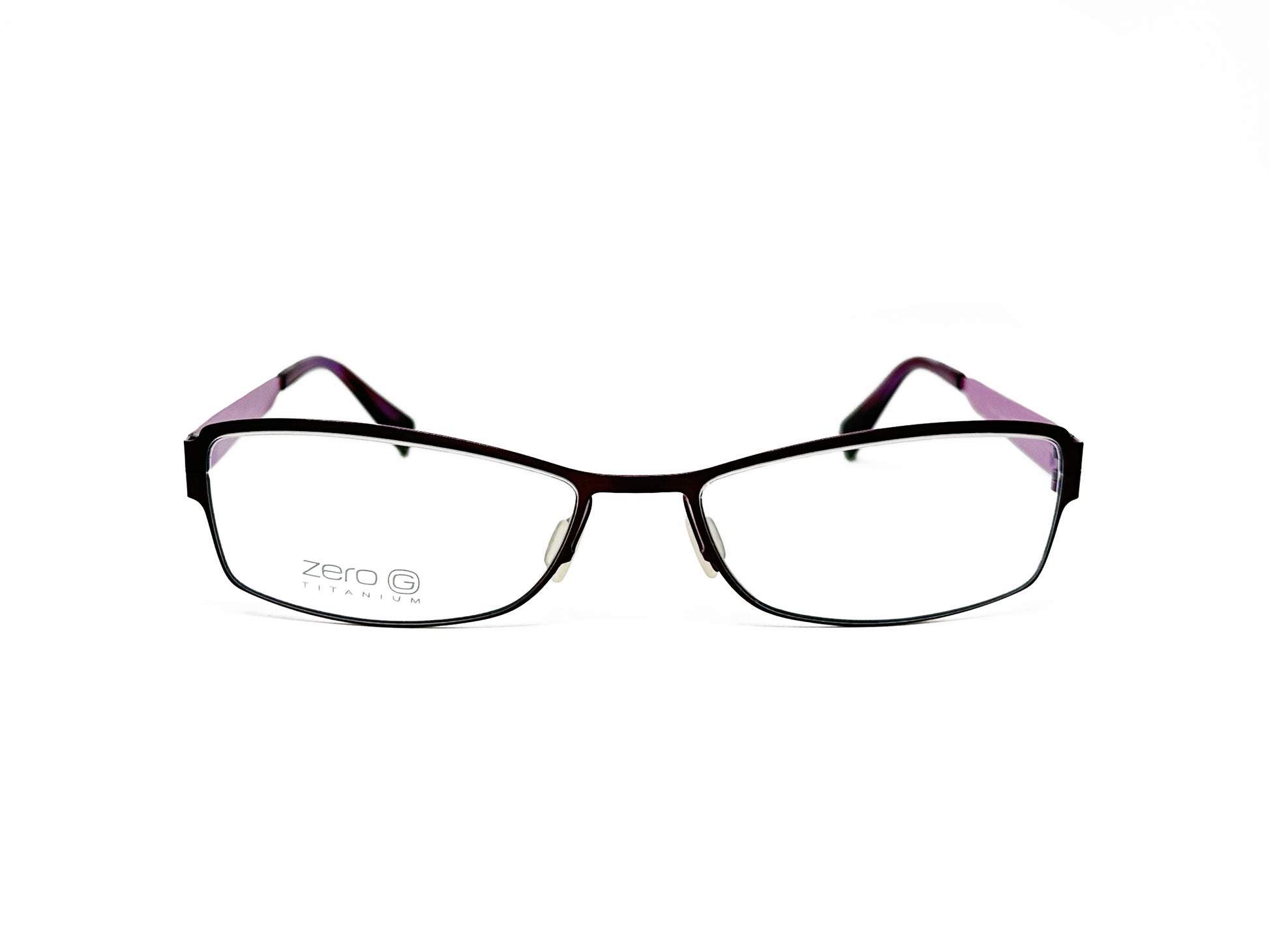 Zero G thin, curved, rectangular, titanium, optical frame. Model: Roslyn. Color: Purple/Violet. Front view. 