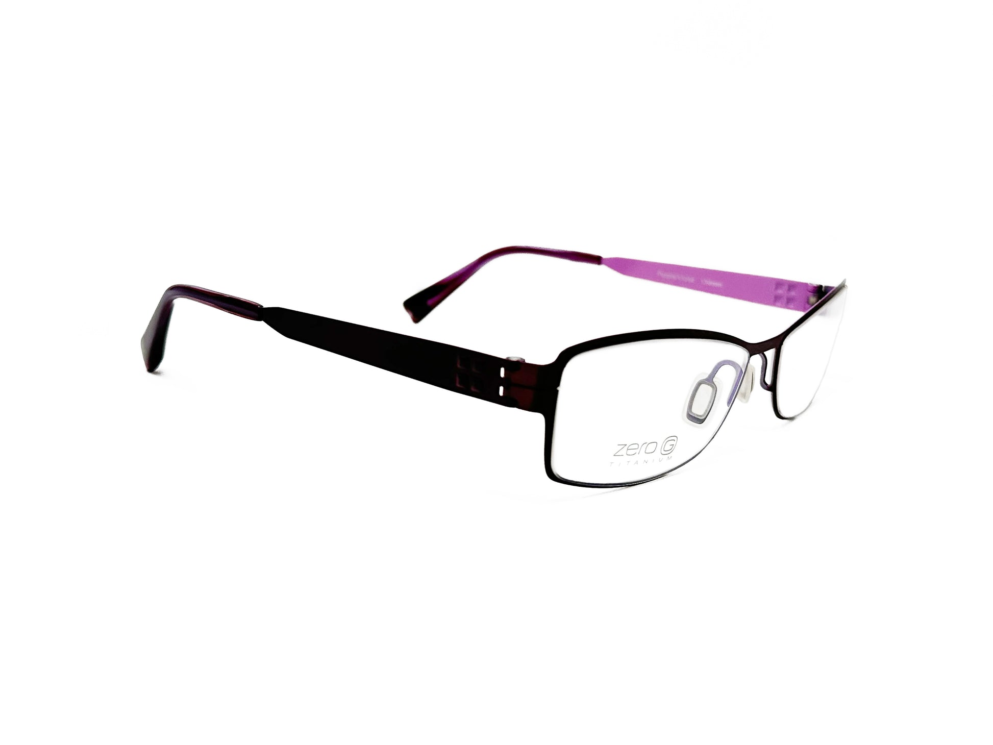 Zero G thin, curved, rectangular, titanium, optical frame. Model: Roslyn. Color: Purple/Violet. Side view.