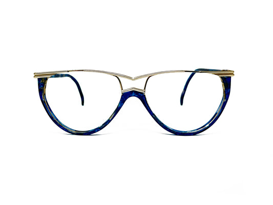 Zollitsch nautical style, metal, optical frame with rounded bottom and flat-top with curved dip above bridge. Model: 377. Color: BL - Blue swirl with gold metal flat-top. Front view.