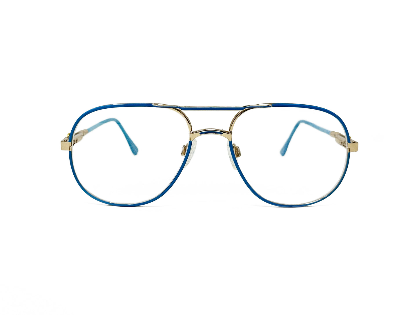 Zollitsch rounded aviator style optical frame. Model: Margit. Color: Dieterle - Sea blue with golden accents on bridge and temple. Front view. 
