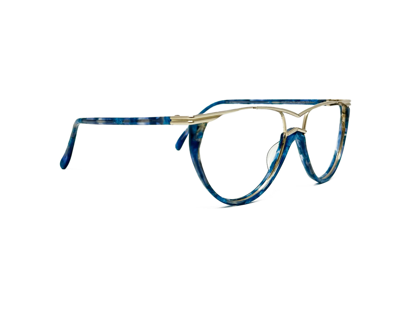 Zollitsch nautical style, metal, optical frame with rounded bottom and flat-top with curved dip above bridge. Model: 377. Color: BL - Blue swirl with gold metal flat-top. Side view.