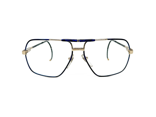 Zollitsch curved aviator-style optical frame. Model: 526. Color: 2 - Navy blue and gold accents and cable temples. Front view.