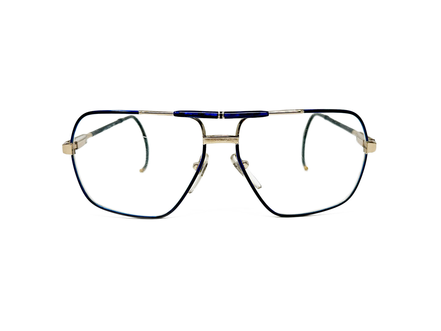 Zollitsch curved aviator-style optical frame. Model: 526. Color: 2 - Navy blue and gold accents and cable temples. Front view.