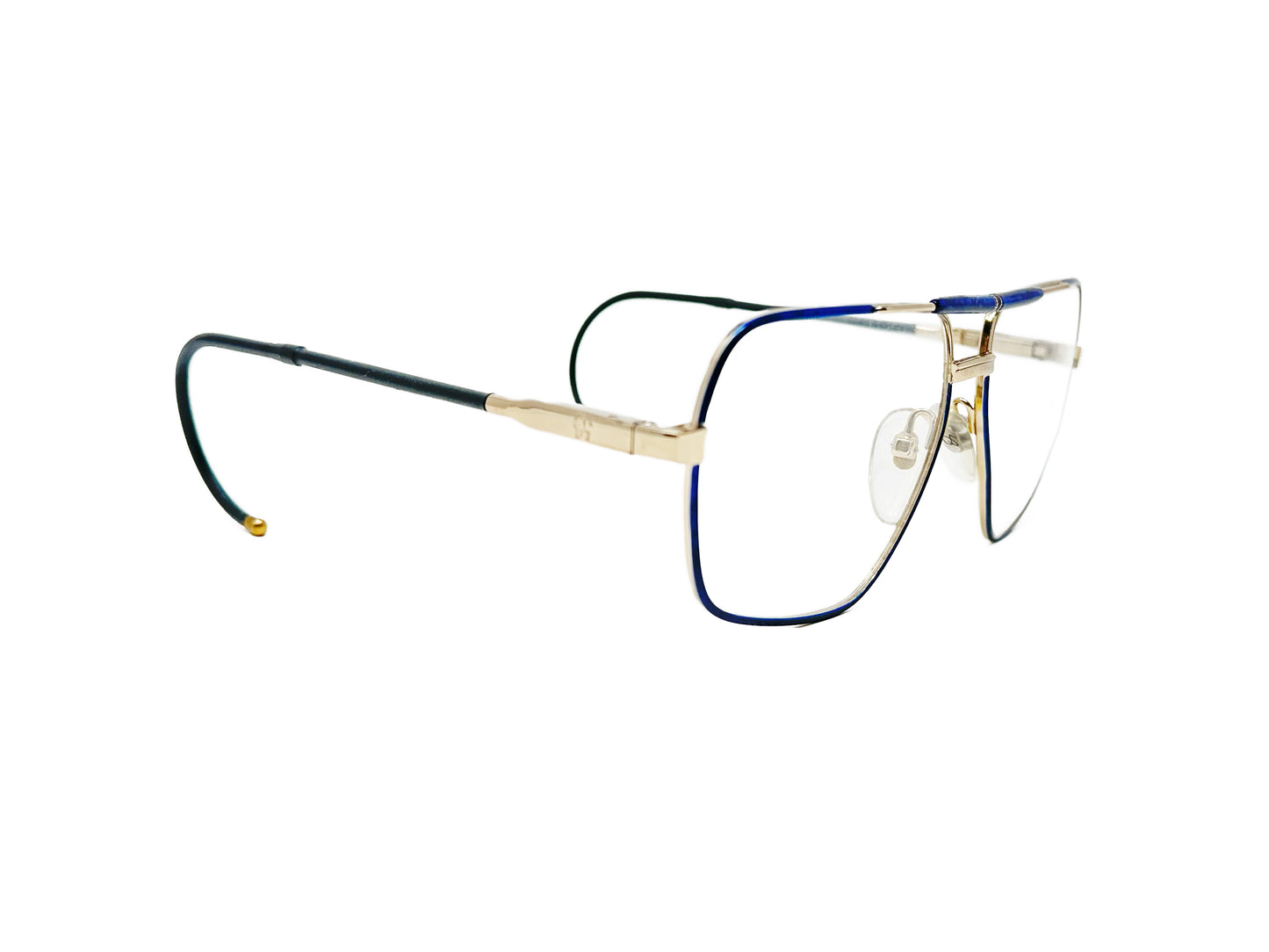Zollitsch curved aviator-style optical frame. Model: 526. Color: 2 - Navy blue and gold accents and cable temples. Side view.