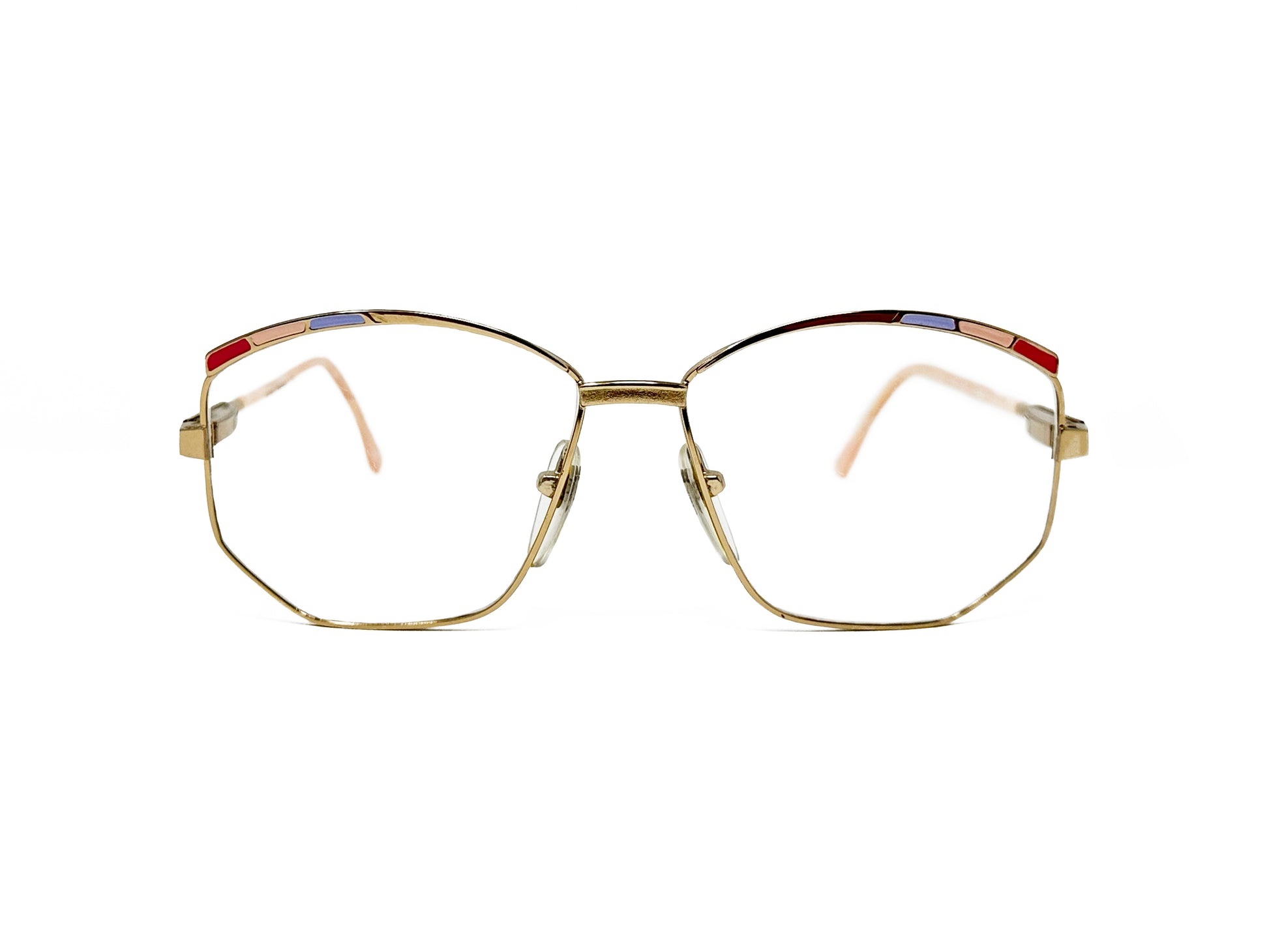 Zollitsch angled-butterfly, metal optical frame. Model: 527. Color: Gold - Gold metal with blue,pink, and red accents on top right corner of frame. Front view. 