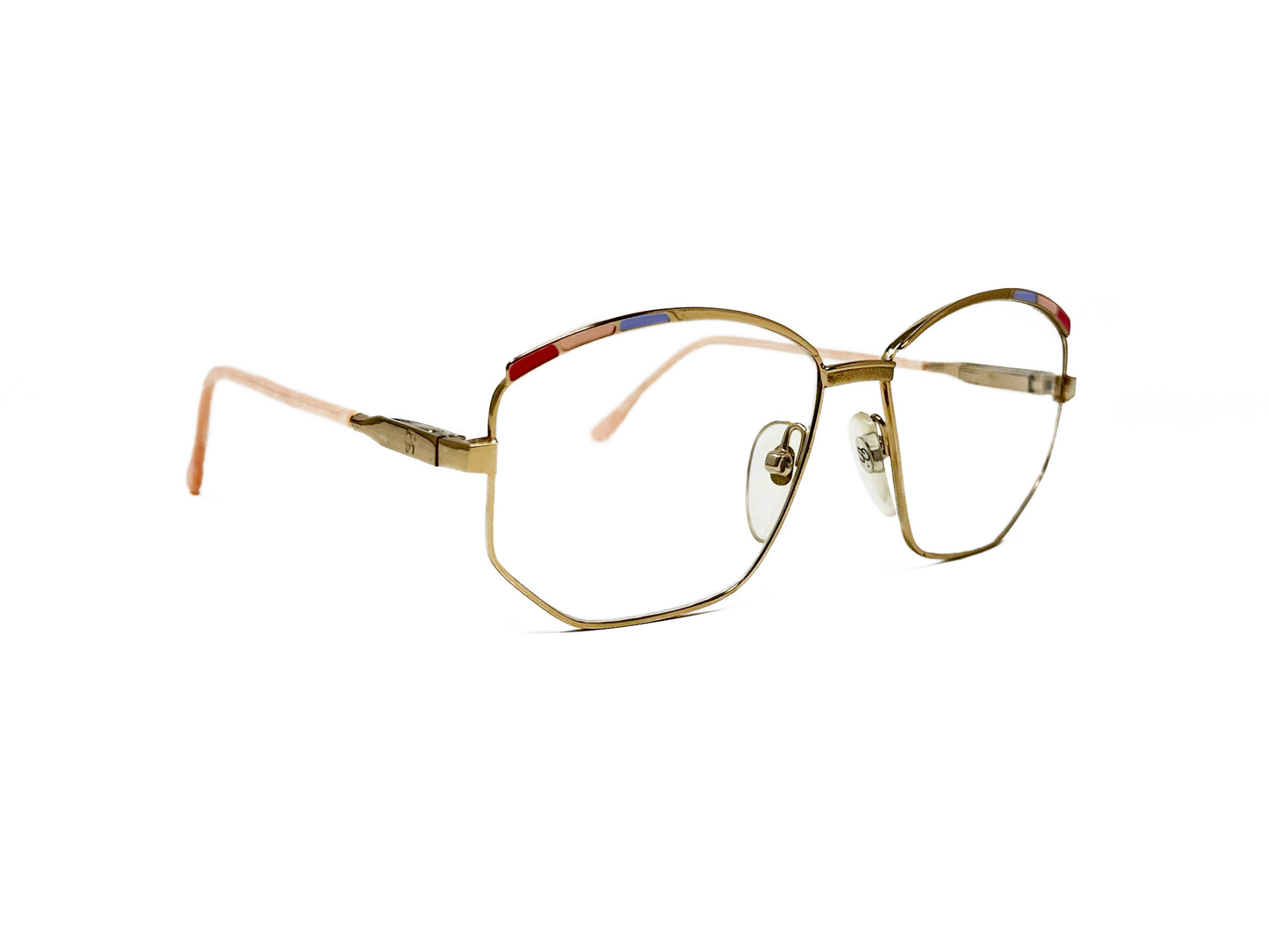 Zollitsch angled-butterfly, metal optical frame. Model: 527. Color: Gold - Gold metal with blue,pink, and red accents on top right corner of frame. Side view.