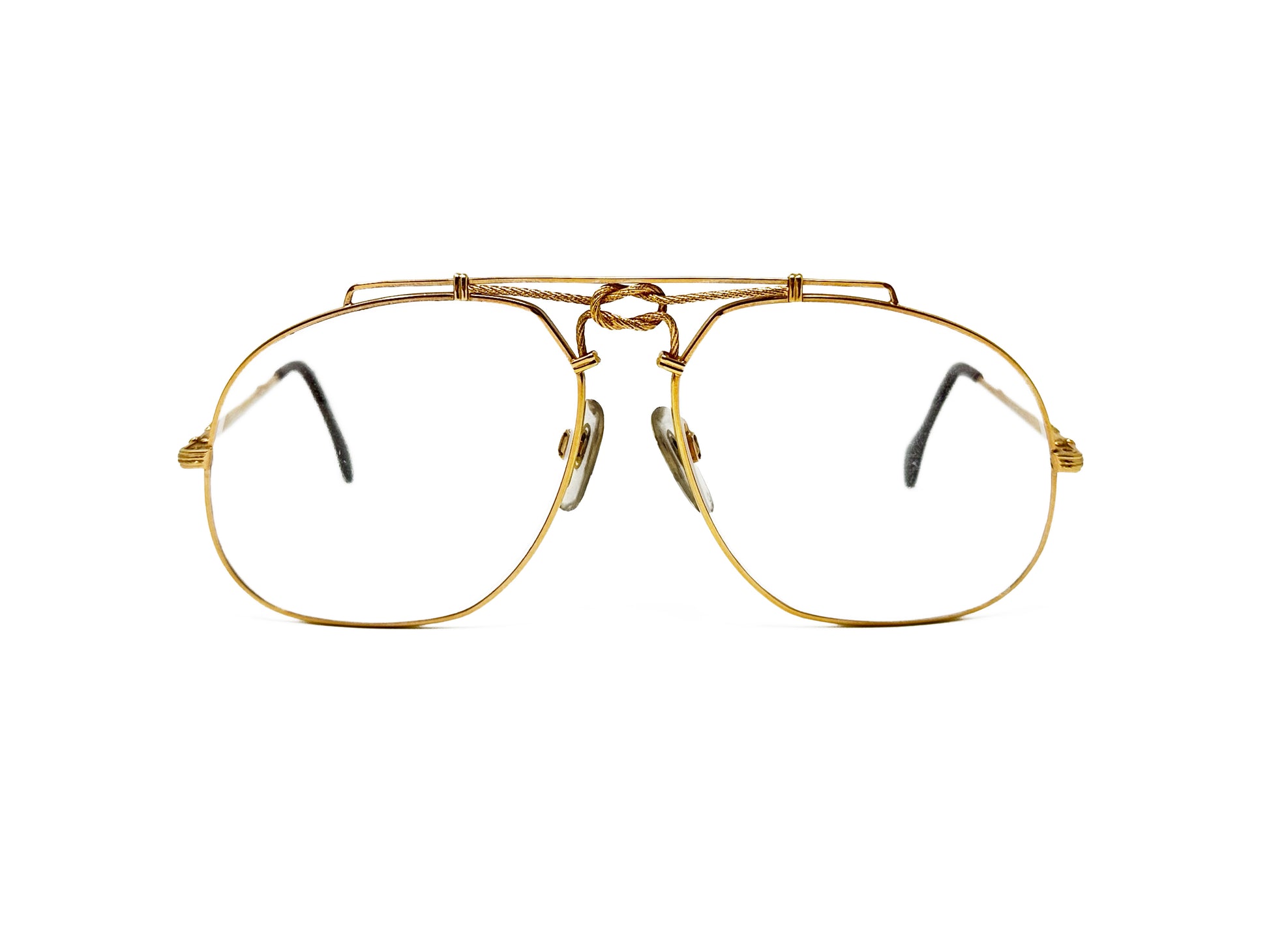 Zollitsch rounded, downward sloped aviator style, metal optical frame with nautical rope featured on bridge. Model: Jawl. Color: 901 - Gold. Front view. 