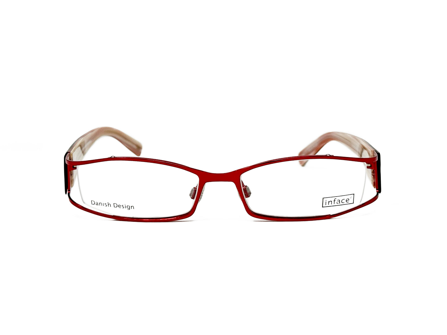 inface rectangular, metal optical frame with curved top and gap between side of lens and frame. Model: if8209. Color: 672 - Red. Front view.