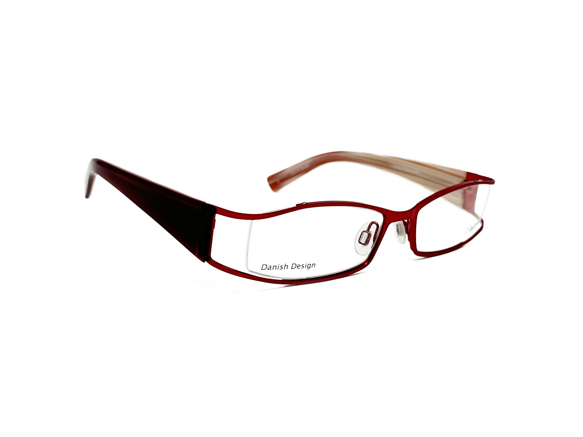 inface rectangular, metal optical frame with curved top and gap between side of lens and frame. Model: if8209. Color: 672 - Red. Side view.