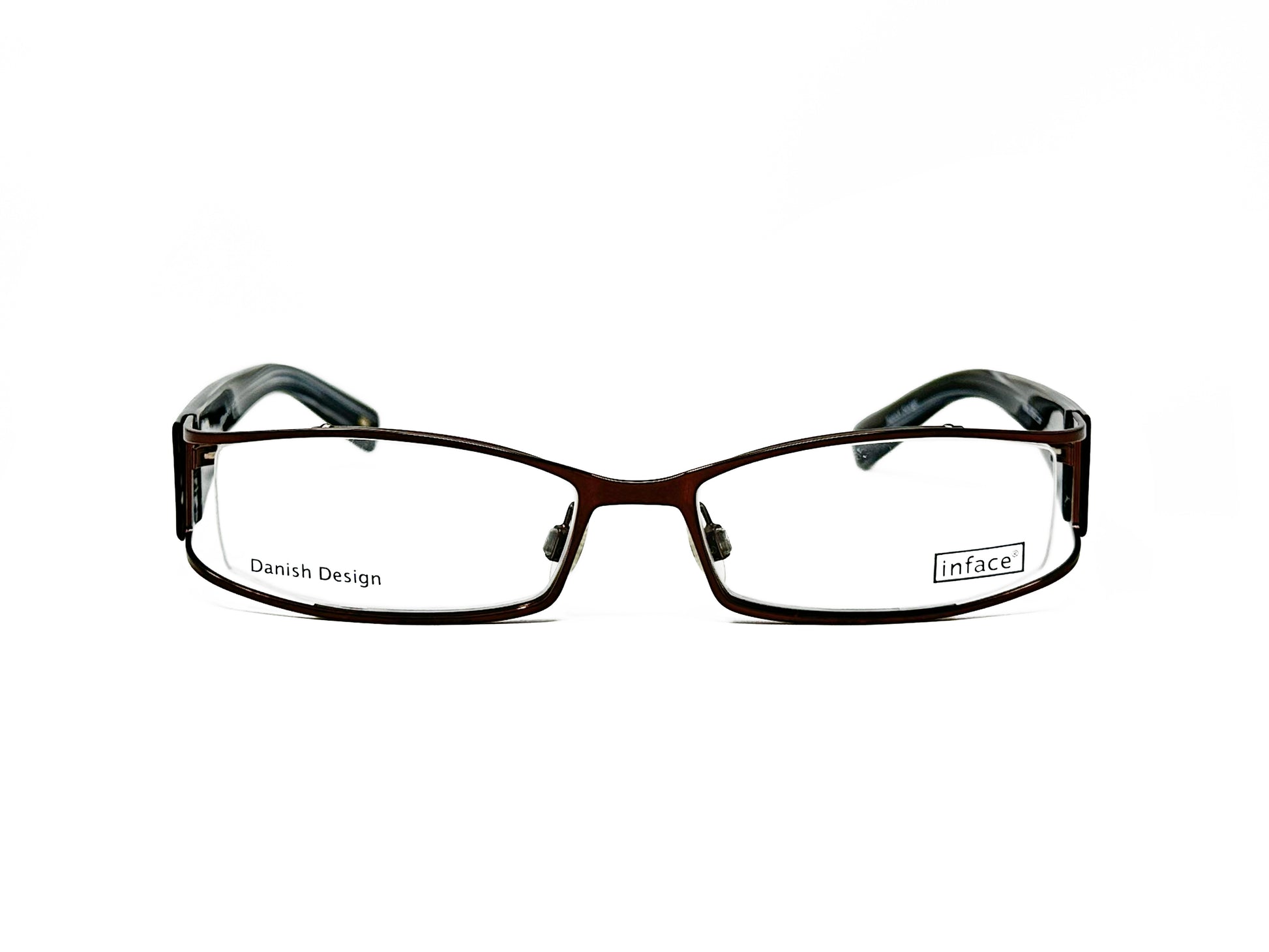 inface rectangular, metal optical frame with curved top and gap between side of lens and frame. Model: if8209. Color: 674 - Dark Brown. Front view. 