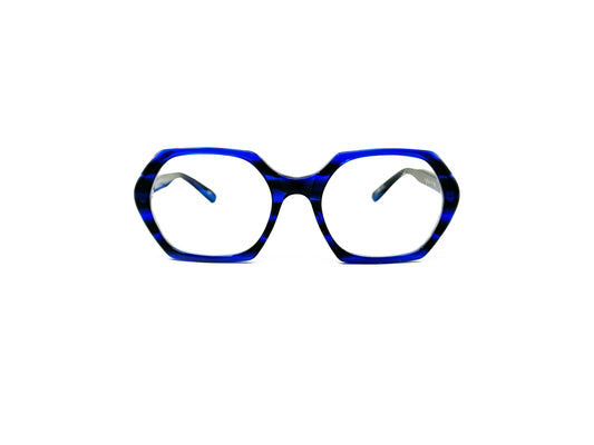 Kala Eyewear hexagonal acetate optical frame. Model: Studio54. Color: BSP blue stripe. Front view.  