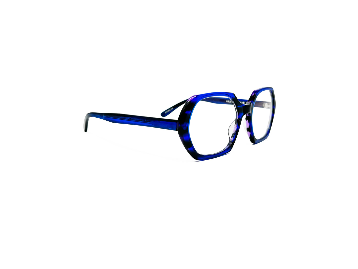 Kala Eyewear hexagonal acetate optical frame. Model: Studio54. Color: BSP blue stripe. Side view.