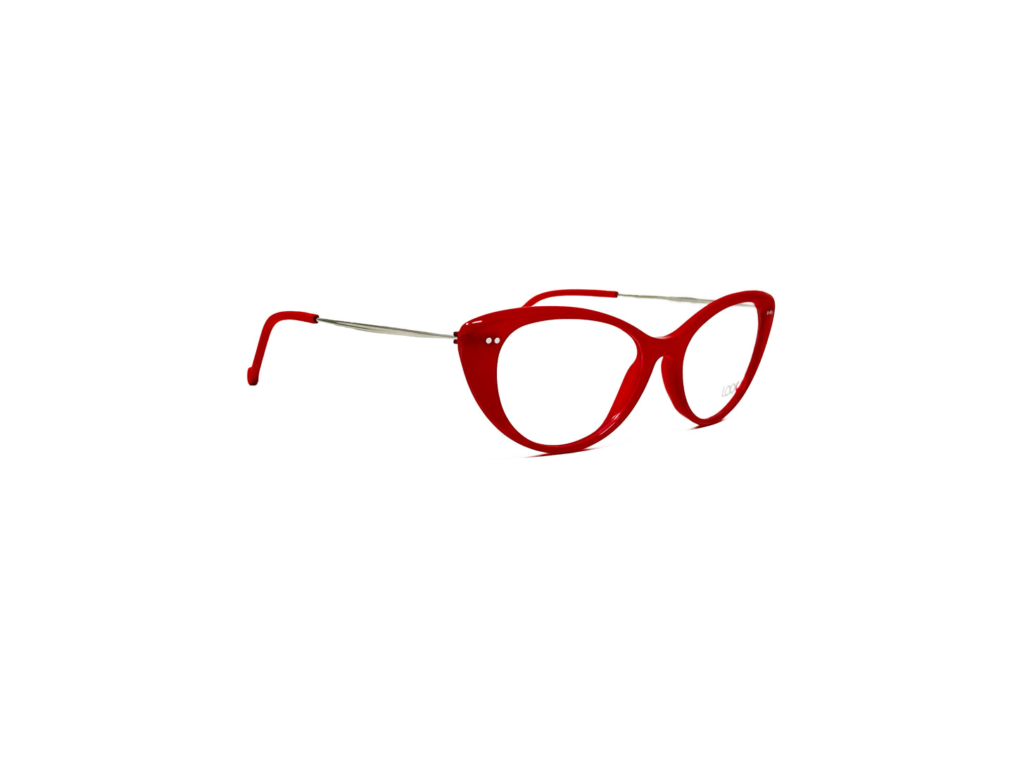 Look cat-eye acetate optical frame. Model: 4512. Color: C2 red. Side view.