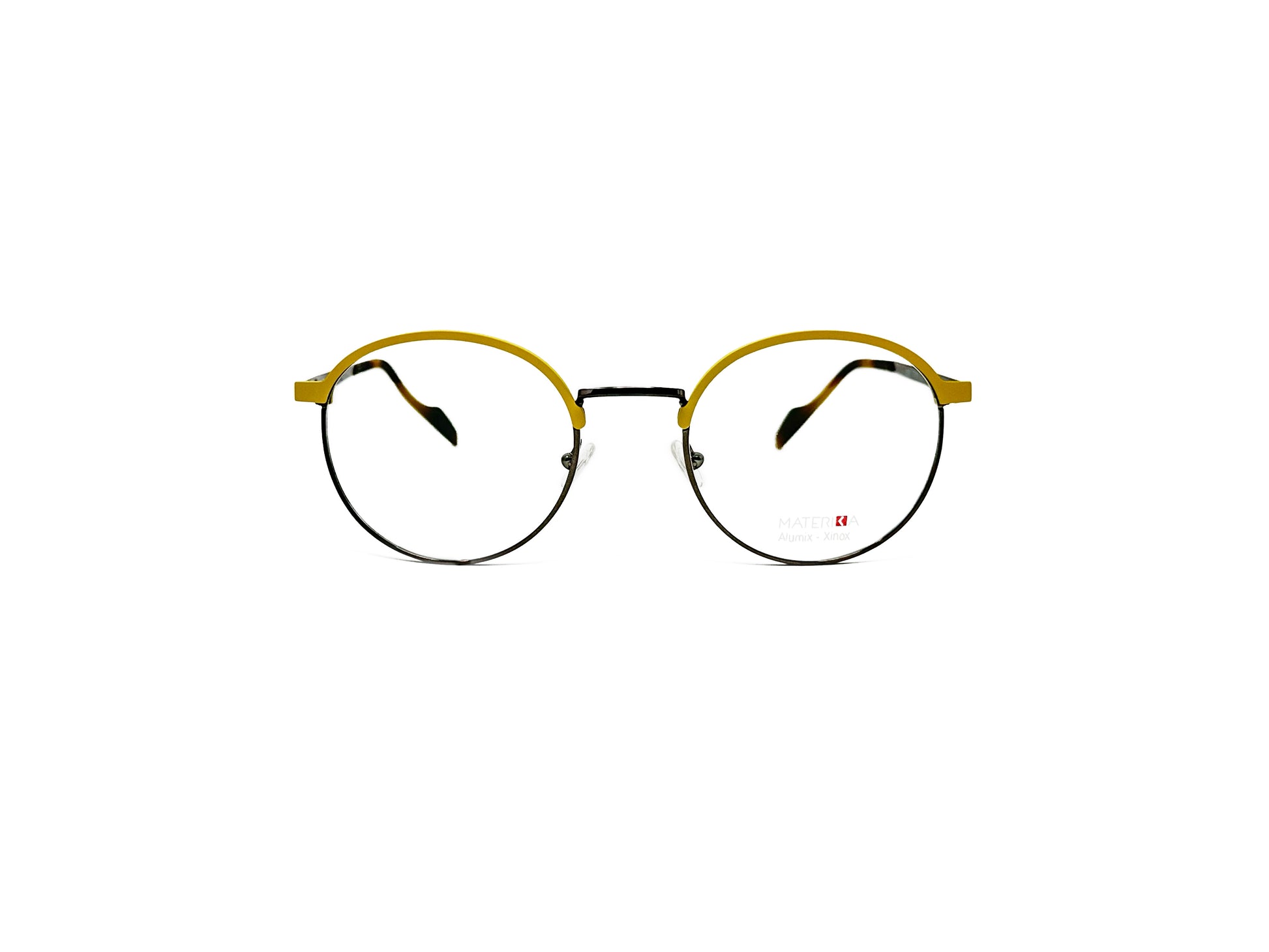 Look half-rim, round optical frame. Model: 70615. Color: M2 yellow top rim. Front view. 