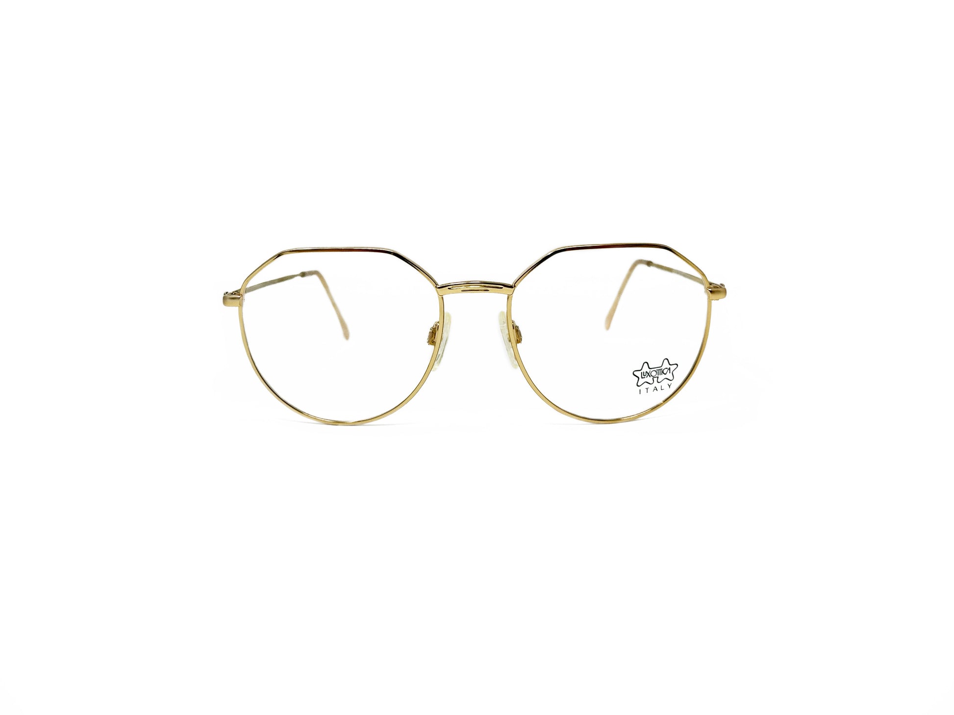 Luxottica metal round frame with flat top. Model: Oxford. Color" Gold Electroplate. Front view. 