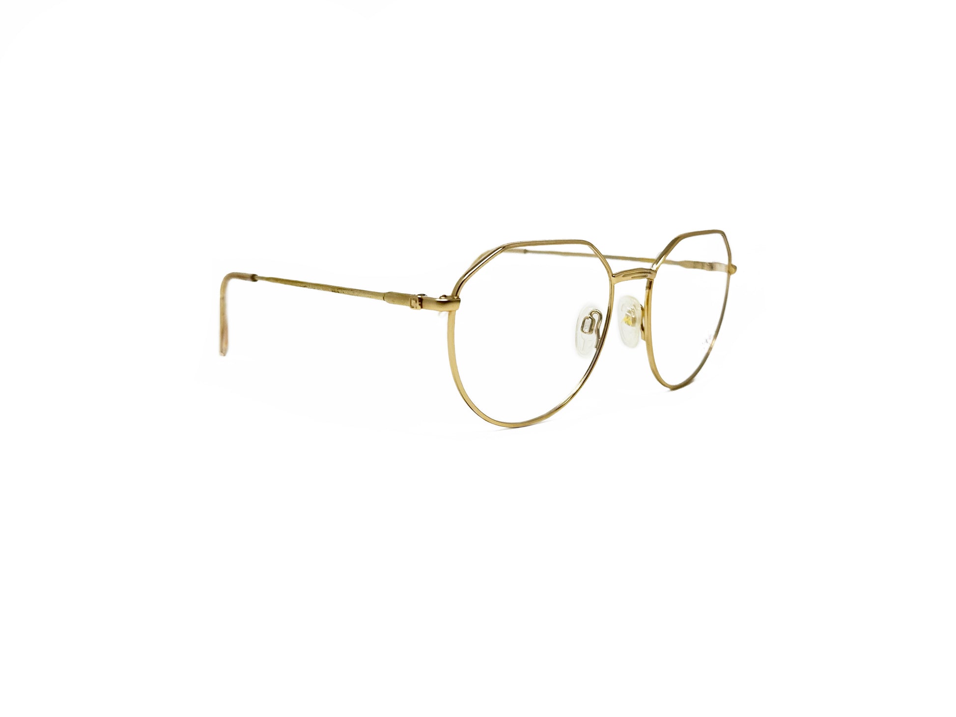 Luxottica metal round frame with flat top. Model: Oxford. Color" Gold Electroplate. Front view.