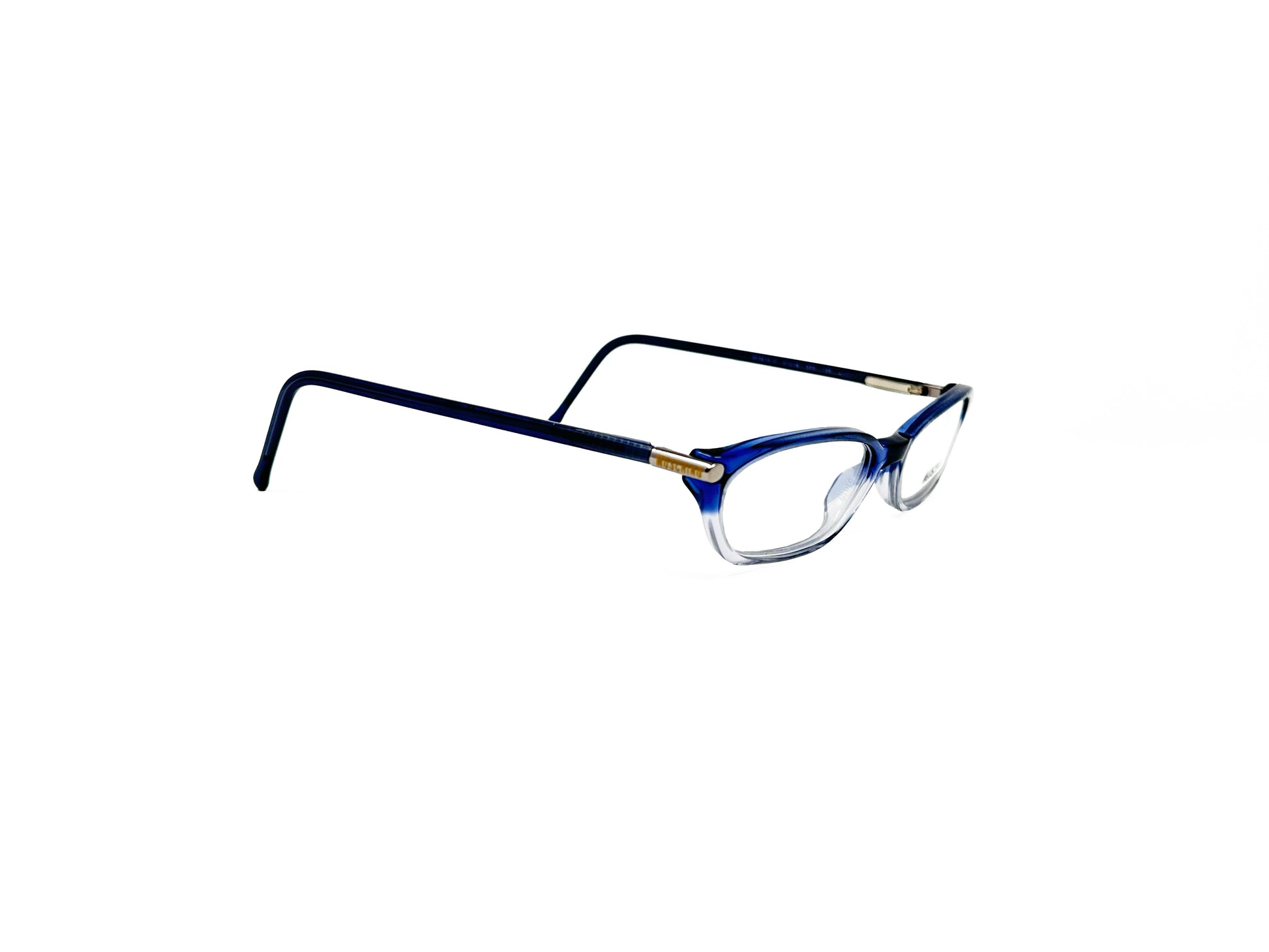Moschino rectangular acetate optical frame. Model: M3615. Color: 320 Blue to clear gradient. Side view.