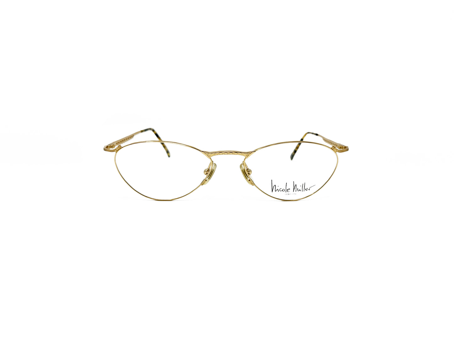 Nicole Miller oval, angular, wire optical frame. Model: Electricia. Color: Gold 0229. Front view. 